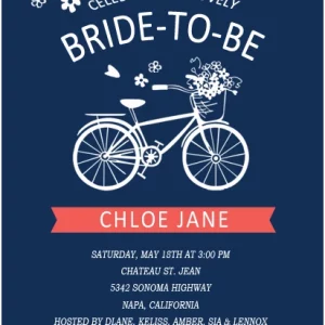 Charming flat bridal shower invitation HPB130 showcasing a vintage blue bicycle graphic with a flower-filled basket alongside custom script text