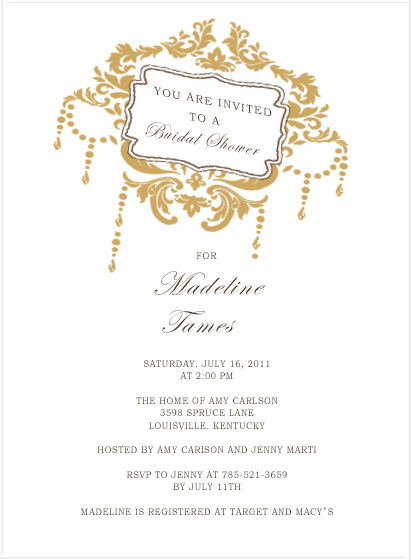 Elegant bridal shower invitation featuring a gold ornate vintage frame with decorative flourishes, classic typography, and a soft neutral background for a timeless and sophisticated celebration