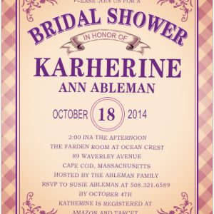 Vintage bridal shower invitation featuring a plaid patterned border, elegant purple typography, and decorative flourishes with a classic layout for a rustic and timeless celebration