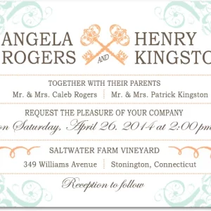 Vintage key wedding invitation with mint green scrollwork and elegant gold accents in a classic layout