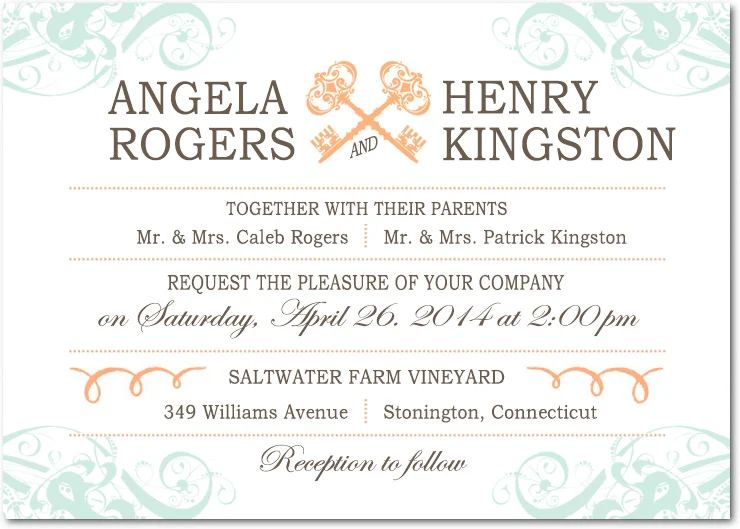 Vintage key wedding invitation with mint green scrollwork and elegant gold accents in a classic layout