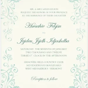 Elegant wedding invitation featuring teal floral scroll borders on a soft cream background with classic script typography, ideal for romantic and vintage-style weddings