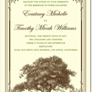 Vintage tree wedding invitation with rustic elegant frame and classic antique style design