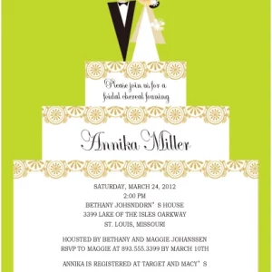 Bridal shower invitation featuring a tiered wedding cake with a cute bride and groom topper, elegant decorative patterns, and bright green background for a fun and modern celebration