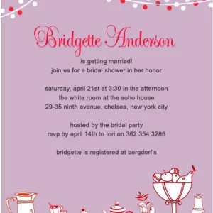 Charming flat portrait bridal shower invitation HPB127 displaying a cozy teapot and snack bowl graphic layout alongside custom script details