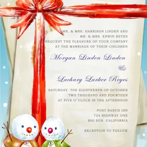 Winter wedding invitation featuring two cute snowmen, red ribbon bow design, and elegant typography, perfect for Christmas or holiday weddings