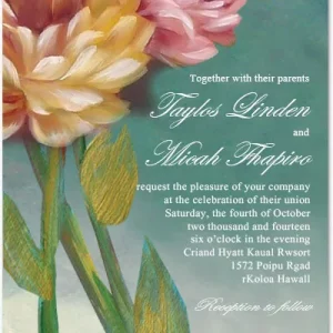 Wedding invitation featuring bold painted flowers in warm tones with textured background and elegant script typography