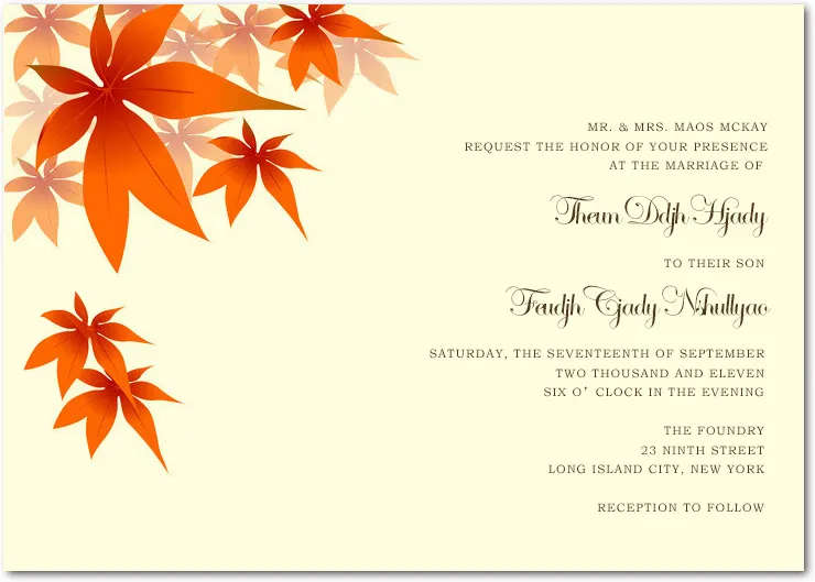 Elegant fall wedding invitation with orange autumn leaves, minimalist layout, and soft neutral background