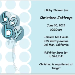 baby boy shower invitation blue balloons baby letters polka dot background cute modern baby shower invite