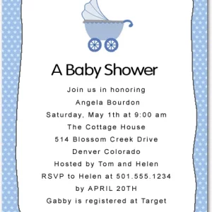 baby boy shower invitation blue pram carriage star border cute classic baby shower invite traditional design