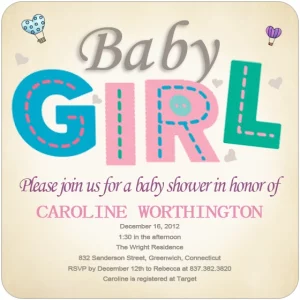 baby girl shower invitation pastel typography stitched letters cute modern baby shower invite