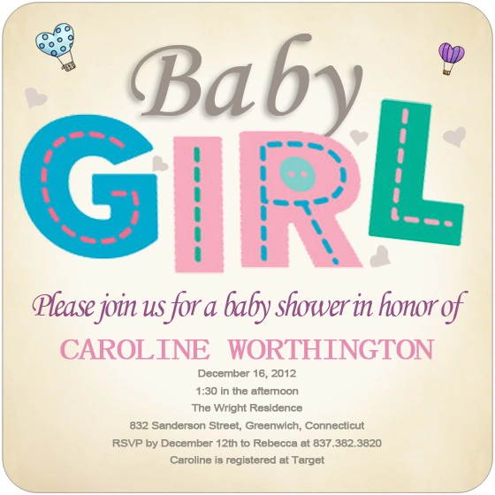 baby girl shower invitation pastel typography stitched letters cute modern baby shower invite