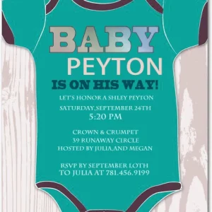 baby onesie baby shower invitation bodysuit teal rustic wood background cute baby boy shower invite