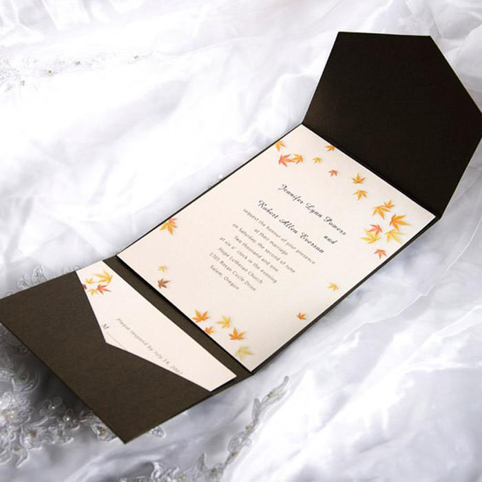 black pocket fold wedding invitation with autumn maple leaf design and elegant insert card