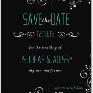 black teal save the date card modern vintage floral elegant wedding announcement swirl typography