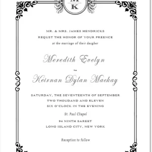 Classic wedding invitation with black ornamental frame, monogram crest at top, and elegant script typography on a white background
