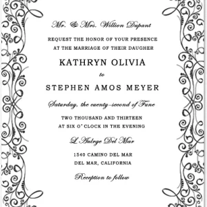 Elegant black and white wedding invitation featuring ornate vintage floral border, decorative scrollwork frame, and classic formal typography
