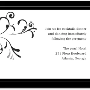 wedding reception card black and white floral scroll elegant classic dinner dancing insert formal wedding stationery