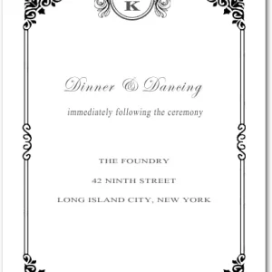 black white wedding reception card monogram ornate frame elegant dinner dancing classic formal wedding stationery