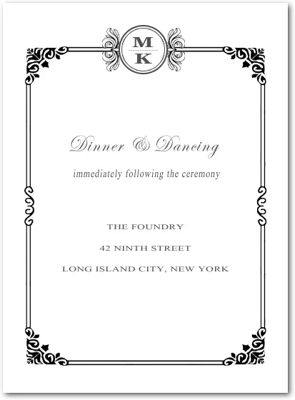 black white wedding reception card monogram ornate frame elegant dinner dancing classic formal wedding stationery
