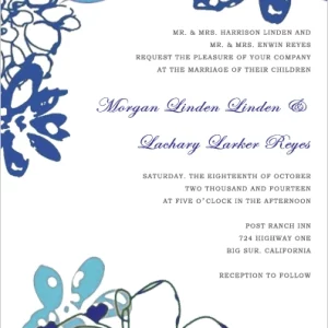 Contemporary wedding invitation featuring abstract blue and teal floral illustrations with a clean layout and elegant script typography