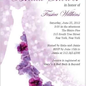 Floral gown illustration on bridal shower invitation in purple shades