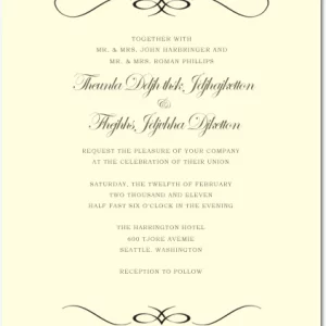 Traditional wedding invitation with cream background, black calligraphy script, decorative flourishes, and a timeless minimalist layout