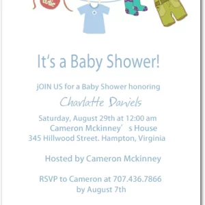 clothesline baby shower invitation baby outfits hanging soft blue cute gender neutral baby shower invite