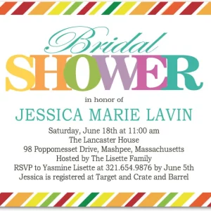 Bright horizontal flat bridal shower invitation HPB141 showcasing a contemporary bold typographic and colorful line graphic layout with custom details.