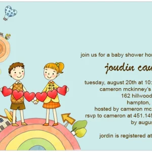 cute baby shower invitation cartoon couple rainbow hearts garland playful pastel invite