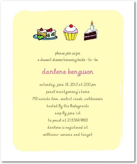 Imaginative portrait flat bridal shower invitation HPB142 showcasing a whimsical sweet treats dessert graphic next to customized text layout
