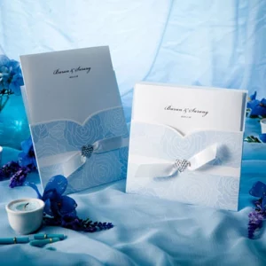Ocean blue pocket wedding invitation folder HPI260 showing a custom inner card printed with beach-themed coastal design motifs