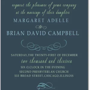 Elegant wedding invitation featuring classic script typography with decorative flourishes on a deep blue background for a formal and timeless design