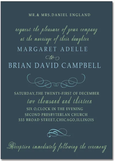 Elegant wedding invitation featuring classic script typography with decorative flourishes on a deep blue background for a formal and timeless design