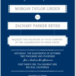 Elegant navy blue wedding invitation with vintage frame borders, scalloped edges, and classic serif typography in white
