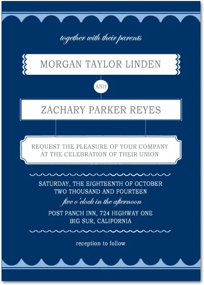 Elegant navy blue wedding invitation with vintage frame borders, scalloped edges, and classic serif typography in white