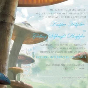 Fantasy wedding invitation featuring oversized mushrooms in a dreamy forest setting with soft light and whimsical typography