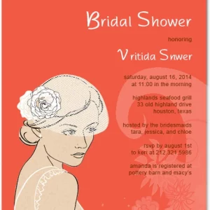Glamourous portrait flat bridal shower invitation HPB145 showcasing an elegant high-fashion wedding gown sketch beside customized text fields