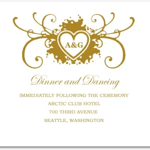 gold monogram wedding reception card heart swirl elegant dinner dancing insert classic romantic wedding stationery