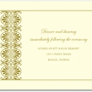 gold tropical wedding reception card ornate border hawaiian resort elegant dinner dancing destination wedding stationery