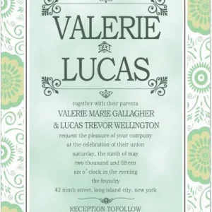 Elegant wedding invitation with green botanical floral border, vintage frame design, and classic serif typography on a soft mint background