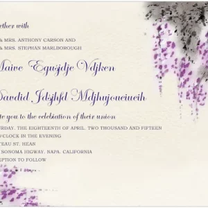 Elegant wedding invitation with lavender purple watercolor florals, soft neutral background, and romantic script typography
