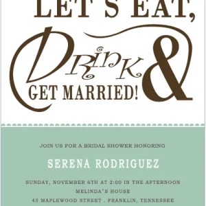 Festive portrait flat bridal shower invitation HPB137 showcasing an elegant eat and drink culinary graphic layout beside customized script text