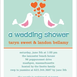 Romantic portrait flat bridal shower invitation HPB143 featuring an elegant lovebird illustration next to customized layout text fields