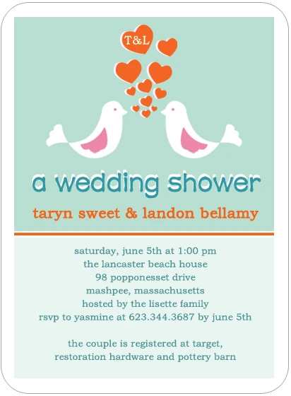 Romantic portrait flat bridal shower invitation HPB143 featuring an elegant lovebird illustration next to customized layout text fields