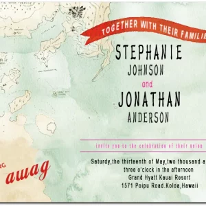 Map-themed wedding invitation featuring illustrated destination map background, red banner text, and modern typography for travel inspired wedding celebration
