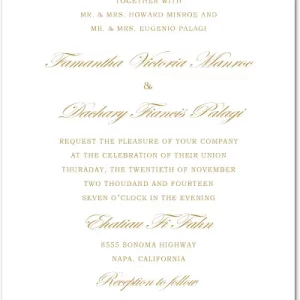 Minimalist wedding invitation featuring elegant gold script typography on a clean white background with a timeless formal layout