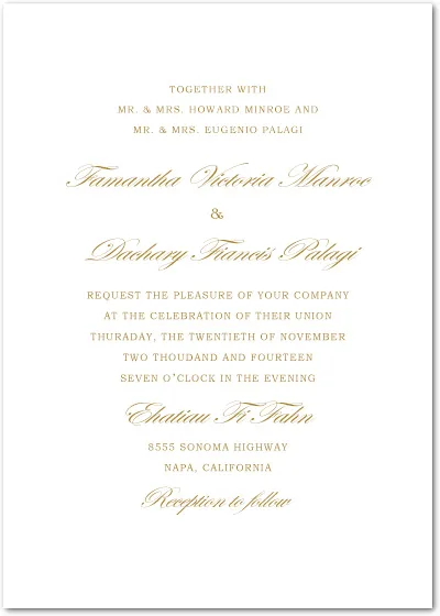 Minimalist wedding invitation featuring elegant gold script typography on a clean white background with a timeless formal layout