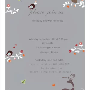 minimalist woodland baby shower invitation grey background deer birds forest animals gender neutral baby shower invite elegant simple design