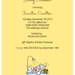 minimalist yellow baby shower invitation cute bathtub animals illustration gender neutral baby shower invite